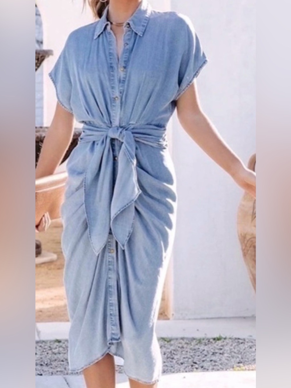 Mustard Seed Light Chambray Tie-Waist Midi Dress